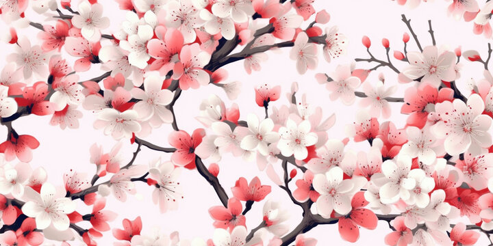 Boho Style Delicate Floral Crabapple Cherry Bloosom Bloom. Watercolor Seamless Surface Pattern Tile on Light White Isolated Background: Perfect for Textiles, Wallpaper & Home Decor. Generative AI.