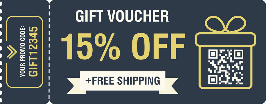 Discount coupon 15 percent off. Gift voucher with percentage marks, qr code and promo codes for website, internet ads, social media. Illustration