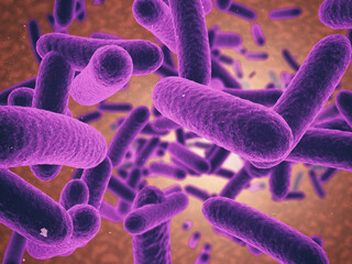 Microscopic bacteria of virus in purple illustration for healthcare, medical research or investigation on orange background. Zoom of particles or molecules for science, health or disease in dna study