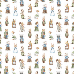 Seamless pattern with vintage, variety of cute animals in clothes isolated on white background. Watercolor hand drawn illustration sketch