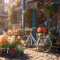 Fototapeta na wymiar Bicycle in front of the store. Lots of colorful flowers around. AI generated