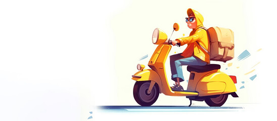 A parcel deliveryman riding a yellow scooter. Generative AI illustration. copying space. Panoramic background.