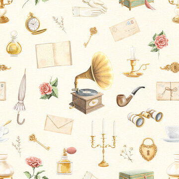 Seamless Pattern With Vintage Variety Old-fashion Set Of Objects On Beige Paper Texture Background. Watercolor Hand Drawn Illustration Sketch