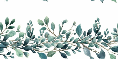 Watercolour Seamless Surface Pattern Tile: Teal Modern Delicate Eucalyptus Branches Floral  Pattern on White Isolated Background: Textiles, Wallpaper & Home Decor. Generative AI.