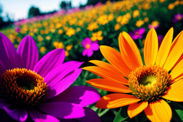Obraz premium Flowers close-up, bright landscape on a flower field. Generative AI.