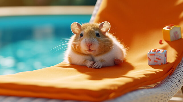 hamster relaxing on a sun lounger near a pool