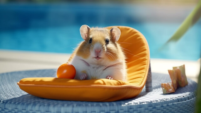 hamster relaxing on a sun lounger near a pool