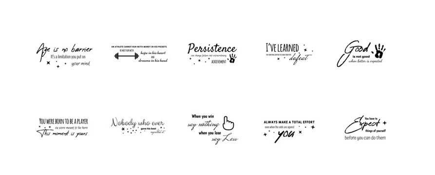 Hand lettering inscriptions about fitness to motivation quotes posters, black and white inspirational text, calligraphy vector illustration collection