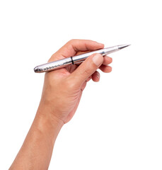 Businessman hand holding a pen at the target - business targeting, aiming, focus concept. white...
