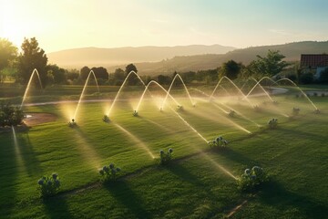 Automatic garden watering system sunset. Generate Ai