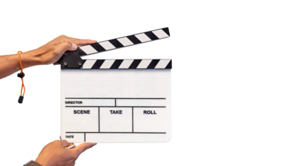 film crew holding film slate and a camera filming a movie in the 
 white studio background