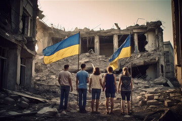 Back of group people with Ukrainian flags on liberated ruins city. War in Ukraine, victory concept. Generative AI.