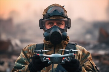 Portrait of soldier in gas mask hold drone at hands. Generative AI.