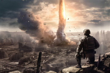 Obraz premium Soldier looks at a missile launch in ruin city at war. Generative AI.