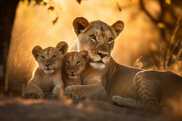 Lioness her cubs sunset. Generate Ai - obrazy, fototapety, plakaty