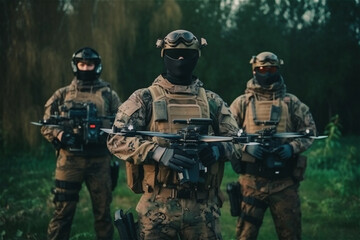 Fototapeta premium Portrait of three soldier hold drones at hands. Generative AI.