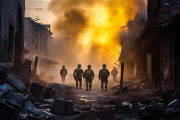 Military men. A group of soldiers on a background city on fire.  War operations. Generative AI.