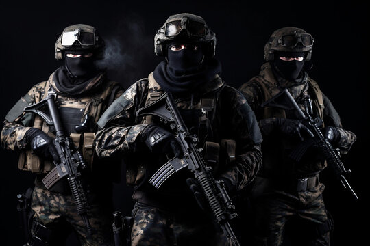 Portrait of three military men. A group of soldiers on black background. War operations, special forces. Generative AI.
