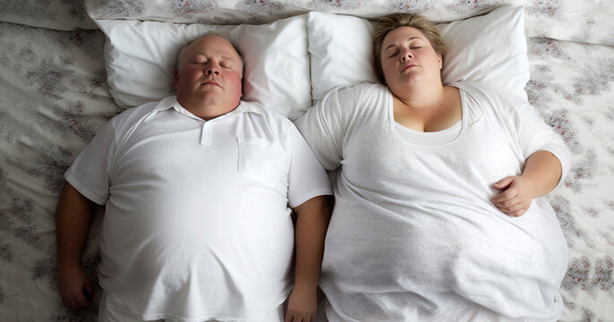 Top Portrait Of Overweight Man Snoring Loudly, While Sleeping Next To His Fat Wife In Their Bedroom Top View, White Sheets On Bed.