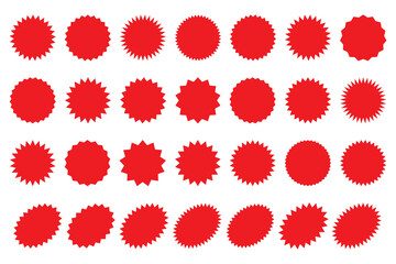 Starburst red sticker set - collection of special offer sale round and oval sunburst labels and buttons isolated on white background. Stickers and badges with star edges for promo advertising.