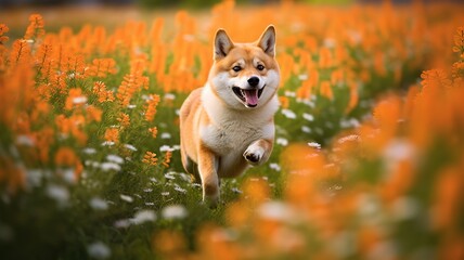 Energetic Shiba Inu Running Through a Field of Flowers