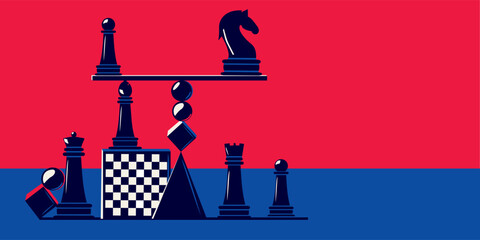 Various geometric and chess pieces in an abstract style. The concept of balance, intellectual game, stability. Game of chess.