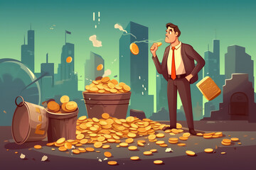 Generative AI.Sad businessman on the edge of a big city under a rain of cryptocurrencies that end up in a landfill. Concept: devaluation of cryptocurrencies - 600711368