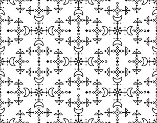 Icelandic inspired folk art vector seamless pattern with geometric tribal line art designs, moons and flowers
