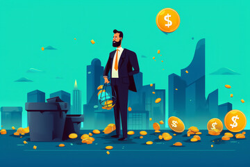 Generative AI.Sad businessman on the edge of a big city under a rain of cryptocurrencies that end up in a landfill. Concept: devaluation of cryptocurrencies - 600711376