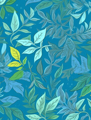 Nature-inspired design showcases the beauty of trees, leaves, and plants in various shades of green and blue, celebrating the essence of spring and summer. Drawing of foliage. Generative AI.