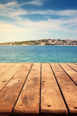 Fototapeta na wymiar Wooden table blurred Croatian sea in Vodice background. AI generative