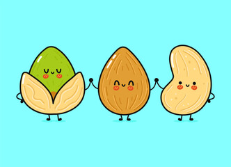 Cute, funny happy almonds, pistachio and cashews nut. Vector hand drawn cartoon kawaii characters, illustration icon. Funny happy cartoon almond, pistachio and cashew nut mascot friends concept