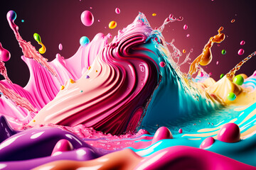 Group of colorful liquid splashing on top of pink and blue surface. Generative AI.