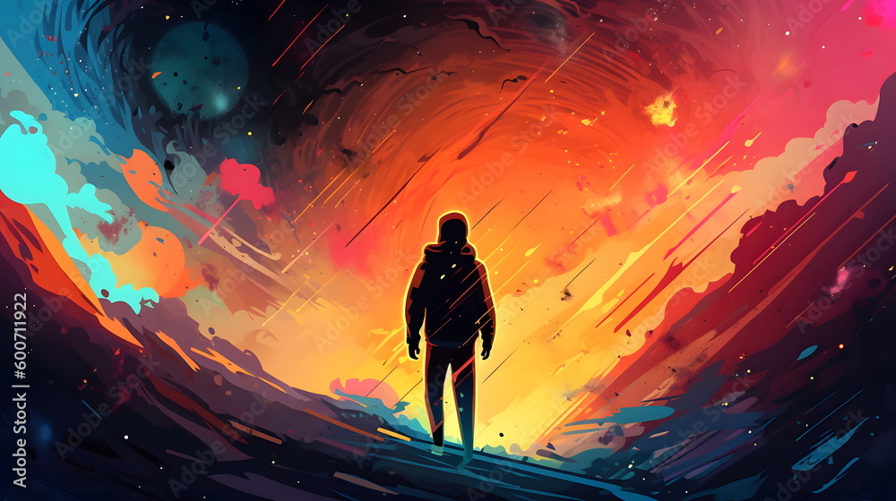 Wall mural man in space suit walking towards bright orange and red sky. generative ai.