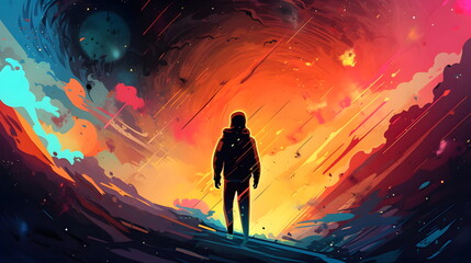 Man in space suit walking towards bright orange and red sky. Generative AI.