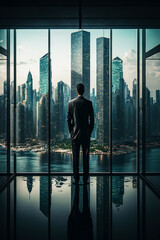 Fototapeta na wymiar Man in suit standing in front of window looking at city. Generative AI.