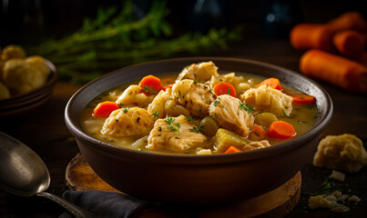 Bowl of chicken stew with carrots, celery, and potatoes. Generative AI.