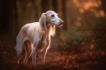 Long haired Saluki dog in forest. Generative AI illustration