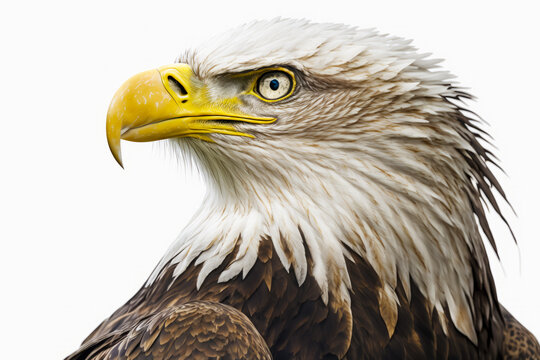 Close up of bald eagle's head with white background. Generative AI.