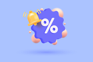3d tag price icon with bell notification for discount coupon online. Sales with an percent offer 3d for shopping, special offer promotion reminder. 3d vector rendering illustration - 600712141