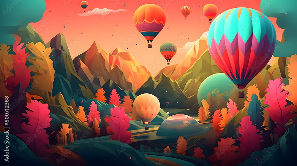 Wall mural image of hot air balloons flying in the sky over mountain range. generative ai.