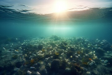 Fototapeta na wymiar Plastic water bottles ocean sunlight. Generate Ai
