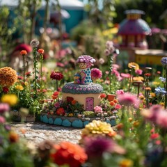 Fototapeta na wymiar A whimsical garden with tiny house. Generative AI