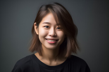 Fototapeta premium Asian woman is elegantly posing in a sleek black top and cloth against a pitch-black background, her captivating smile shining through. generative AI.