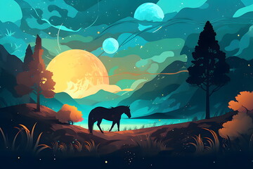 Image of horse in field with full moon in the background. Generative AI.
