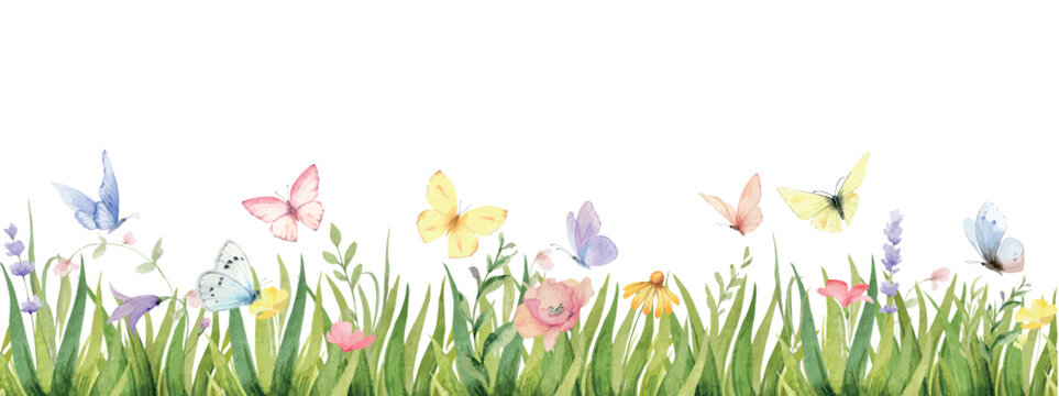 Watercolor vector border with butterflys, green grass and wildflowers.