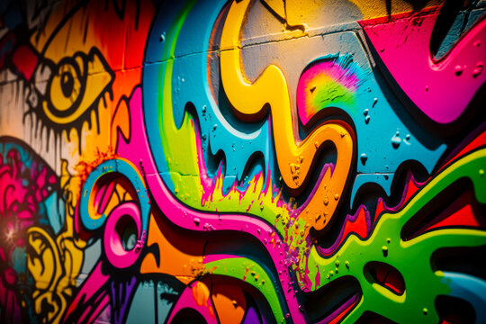 Close up of colorful wall with lots of graffiti painted on it. Generative AI.