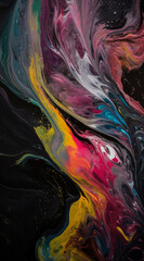 Colorful paint swirl texture on a black background creates a striking visual, combining vibrant hues, fluid watercolor effects, and artistic flow. Banner and background pigment texture. Generative AI.