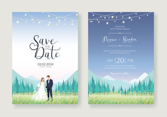 Wedding Invitation, save the date, card template. Vector. The bride and groom stood in a field of flowers. Behind it is a beautiful mountain range. - obrazy, fototapety, plakaty