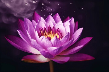 Blooming purple lotus blossom and water crystals in the air as floral background or greeting card generative ai